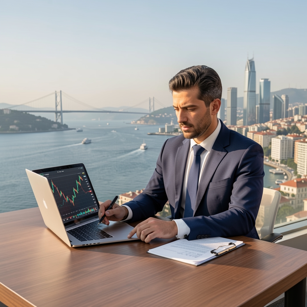 Modern ofiste cam tahta üzerinde finansal grafik çizen iş insanı, arka planda İstanbul Boğazı manzarası ve yüksek binalı şehir silüeti
