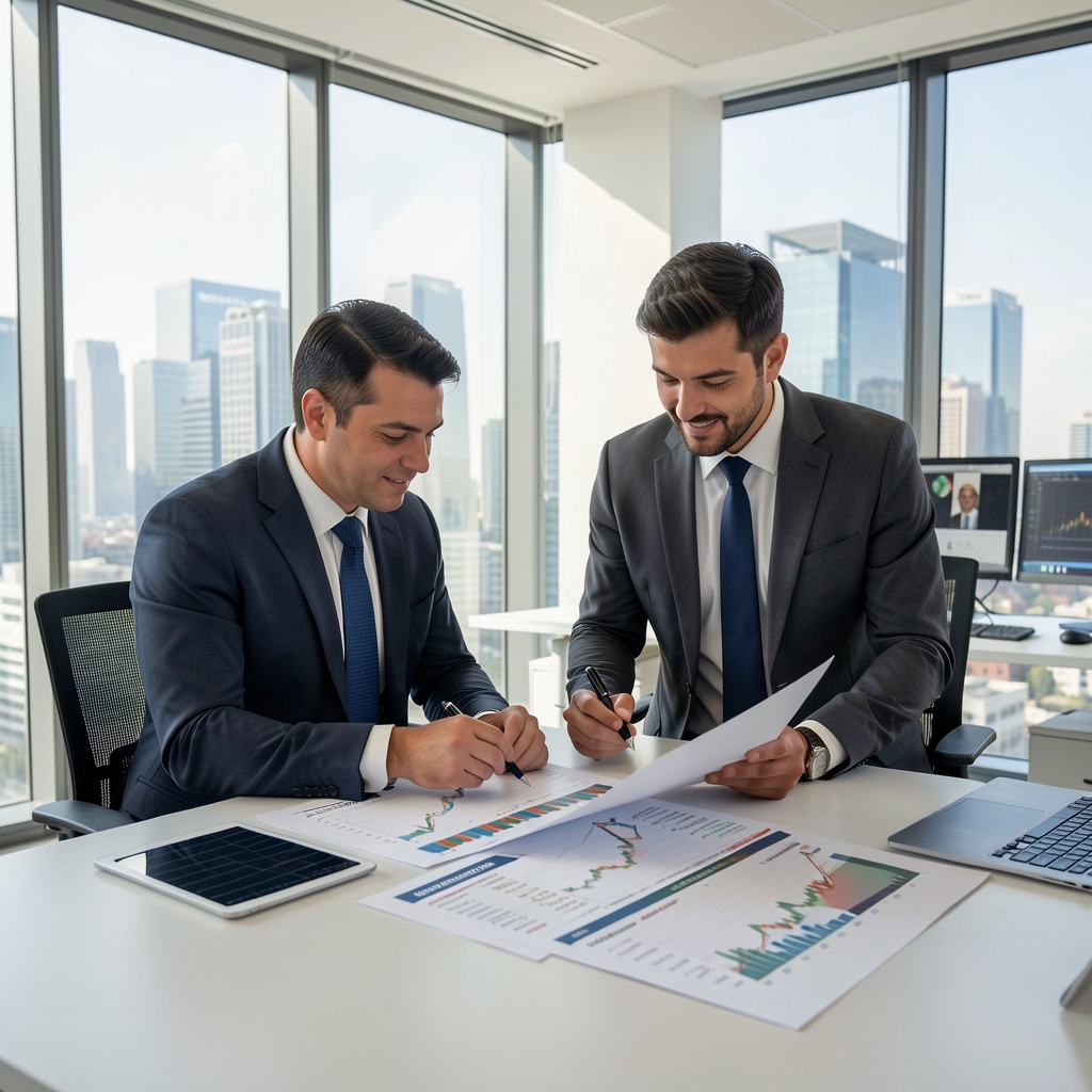 Modern ofis ortamında iki finans uzmanı bilanço tabloları ve finansal grafikleri birlikte inceliyor, geniş pencerelerden şehir manzarası görünüyor