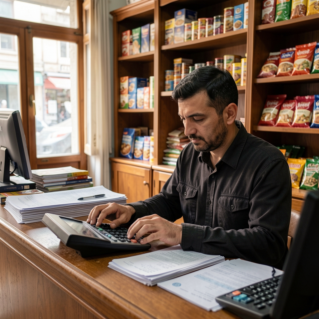Küçük esnaf dükkanı sahibi tezgahının arkasında oturmuş hesap makinesi ve faturalarla muhasebe yapıyor, ahşap raflarda ürünler görünüyor