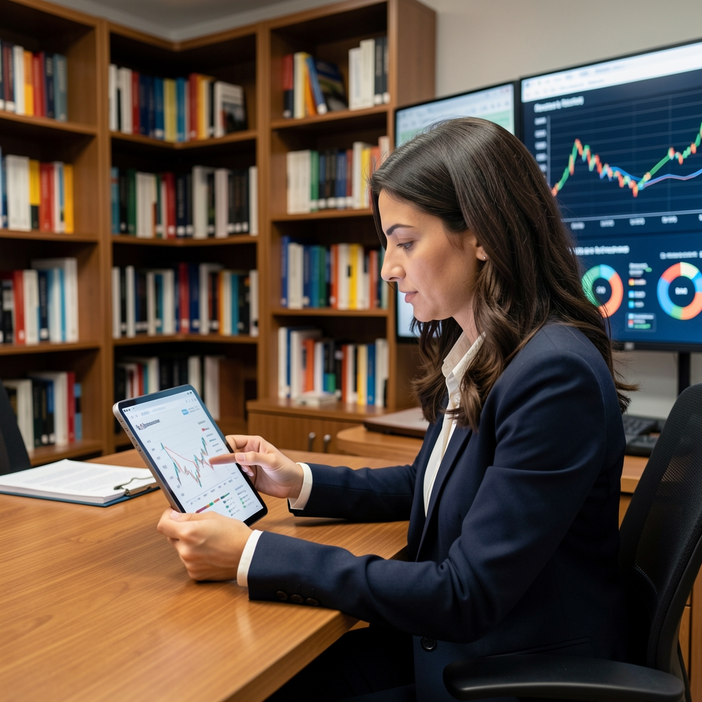 Muhasebe danışmanı ofisinde oturmuş dijital tablette finansal analiz raporu inceliyor, arka planda kitaplıklar ve grafik ekranlar var